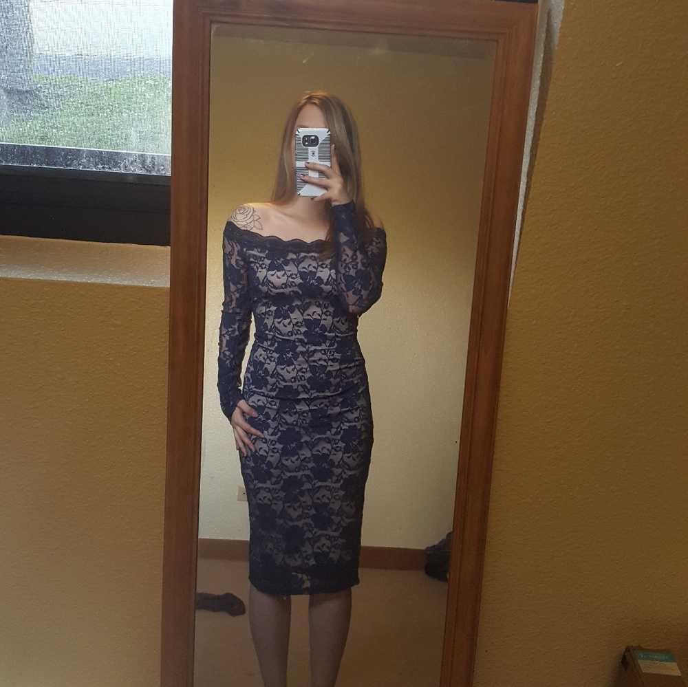 blue laser cut lace dress